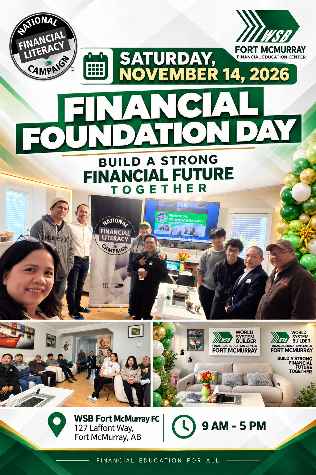 Financial Foundation Day — WSB Fort McMurray FC, 127 Laffont Way, hosted by Bernie & Ana Lee Aquino, Saturday November 14, 2026, 9 AM–5 PM